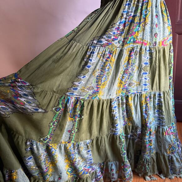 BAROK | Anthropologie Green Floral Beaded Tiered Maxi Dress Tassel Fringe Small - Picture 3 of 9